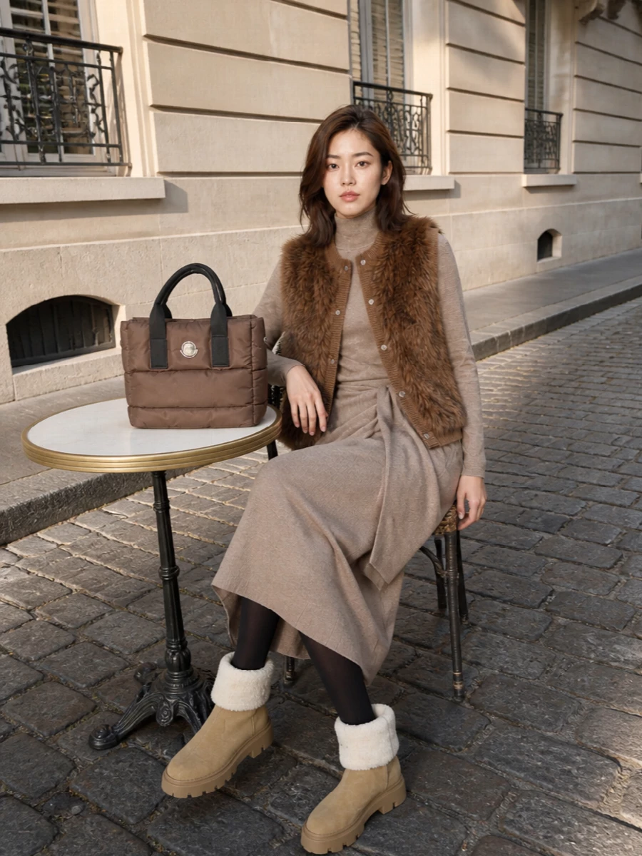Moncler fur gilet max mara knit dress outfit