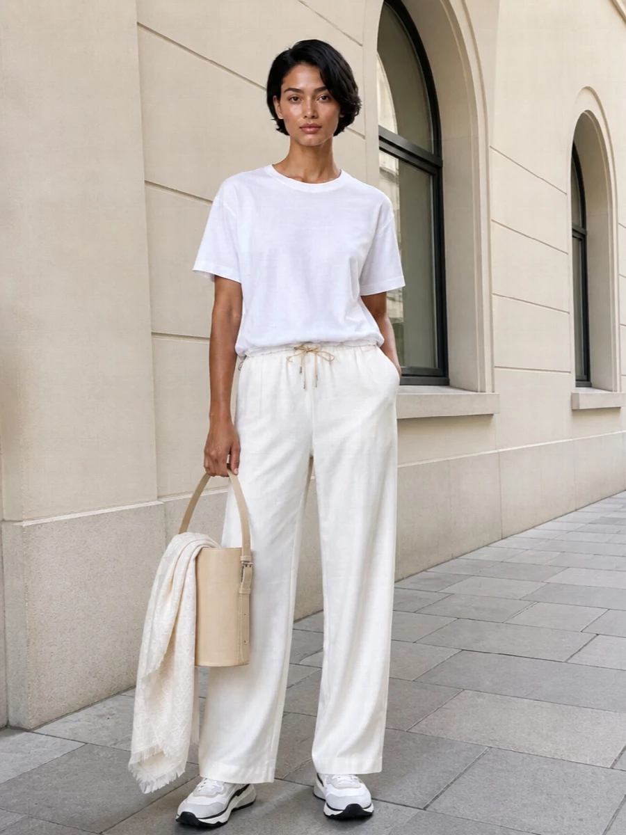 A crisp white drawstring tee sits over fluid ivory wide-leg trousers for a pale, streamlined take on sport-inspired minimalism. Chunky white sneakers keep the energy relaxed yet considered, while a buttercream bucket bag and whisper-light scarf bring just enough structure and softness to read as quiet luxury rather than gymwear.