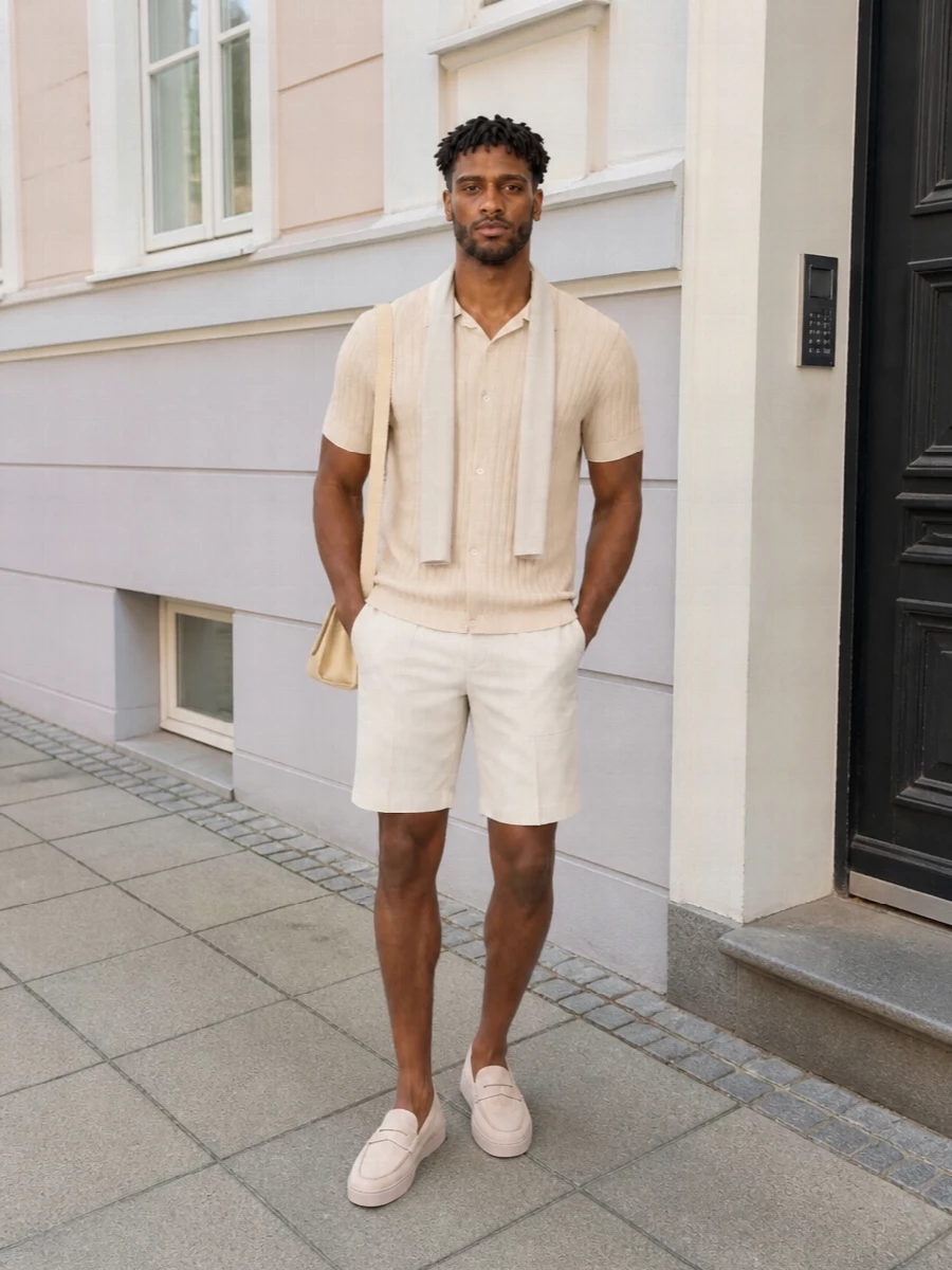 Lardini beige knit polo tailored shorts outfit