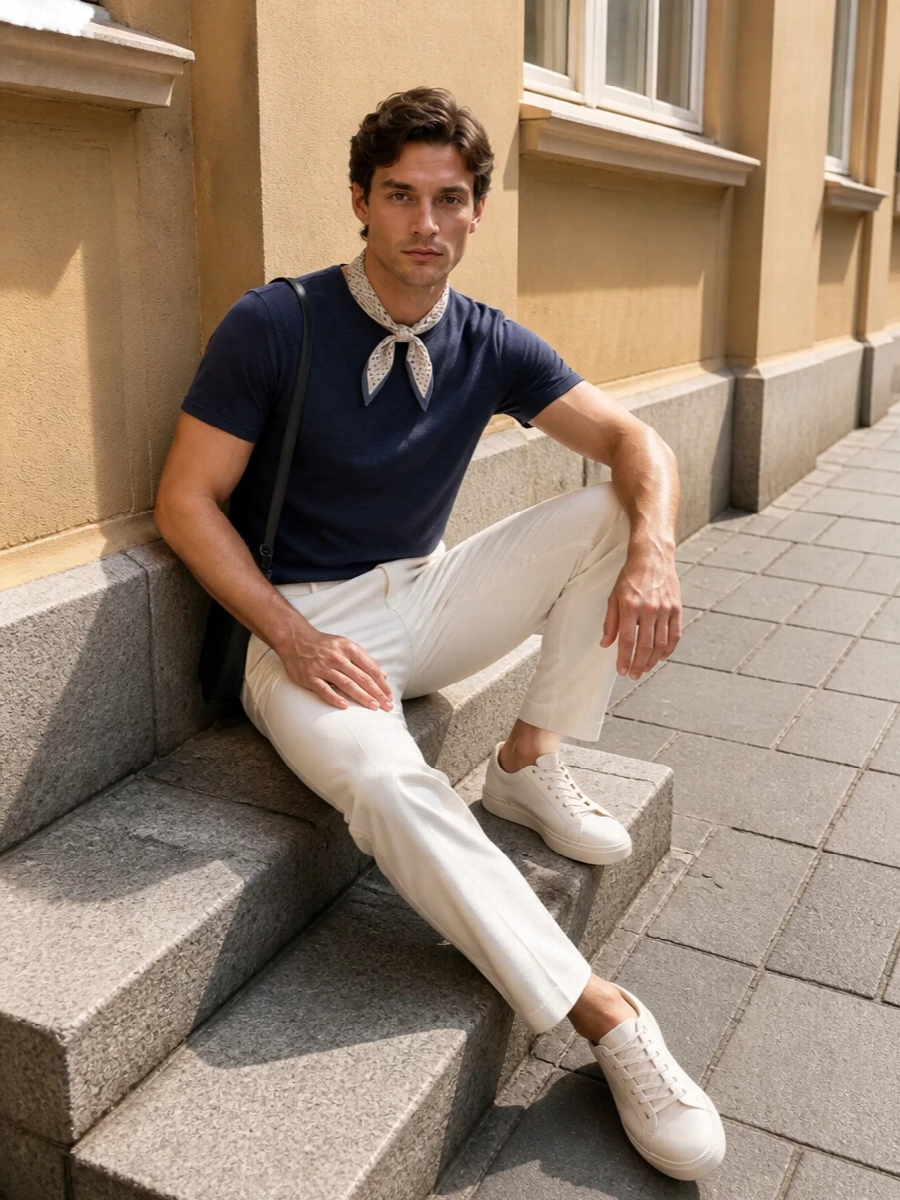 Lardini navy knit off white trousers outfit