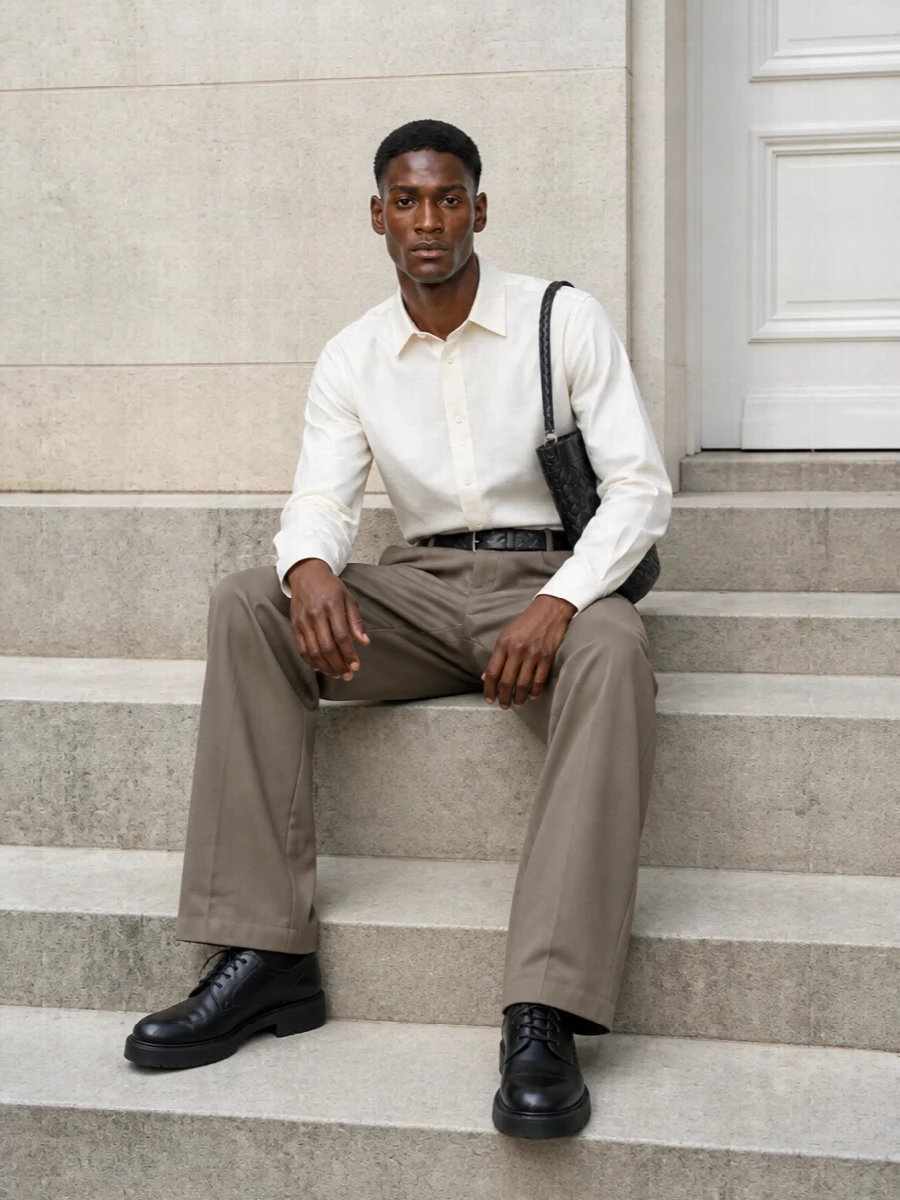 Balenciaga wide leg trousers ivory shirt derbies