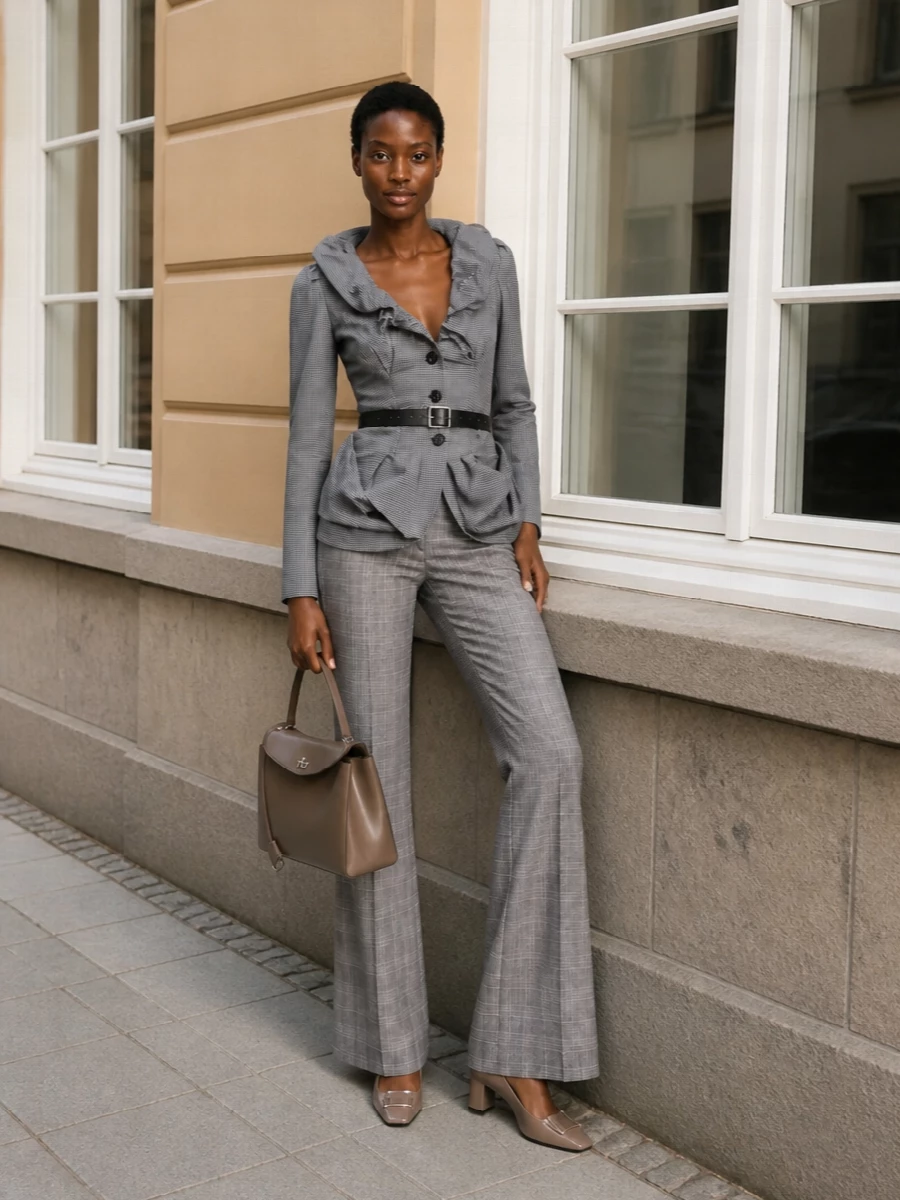 Vivienne westwood grey flared trousers outfit