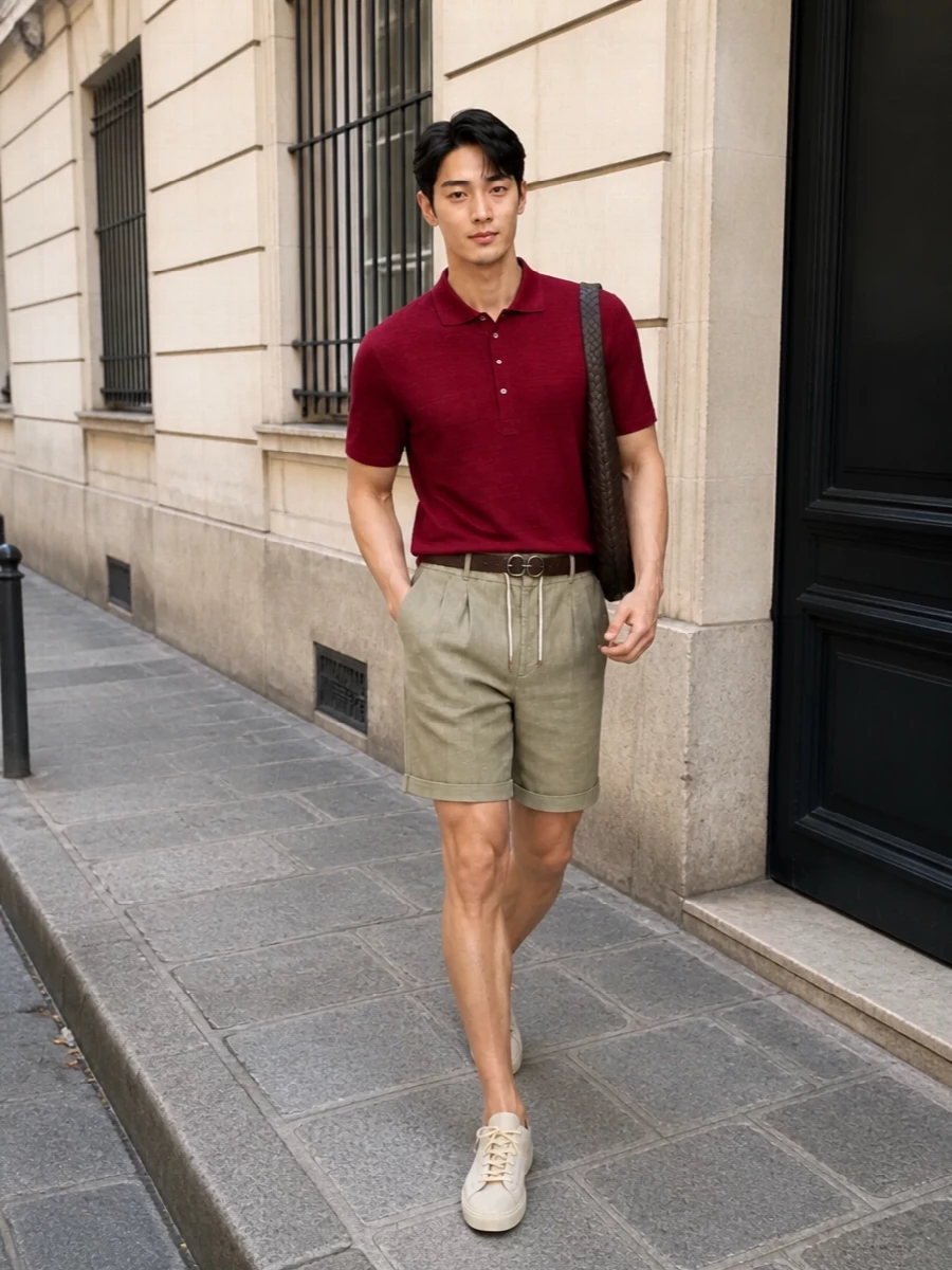 A deep cherry Brunello polo is grounded by stone-beige drawstring shorts for an effortless, sun-ready take on refined casual. Light, tonal sneakers keep the line clean and modern, while an espresso intrecciato crossbody and brown leather belt introduce subtle texture and depth without disturbing the palette. The result is a quietly luxurious summer look that feels polished yet completely relaxed for terraces, city strolls, or coastal weekends.