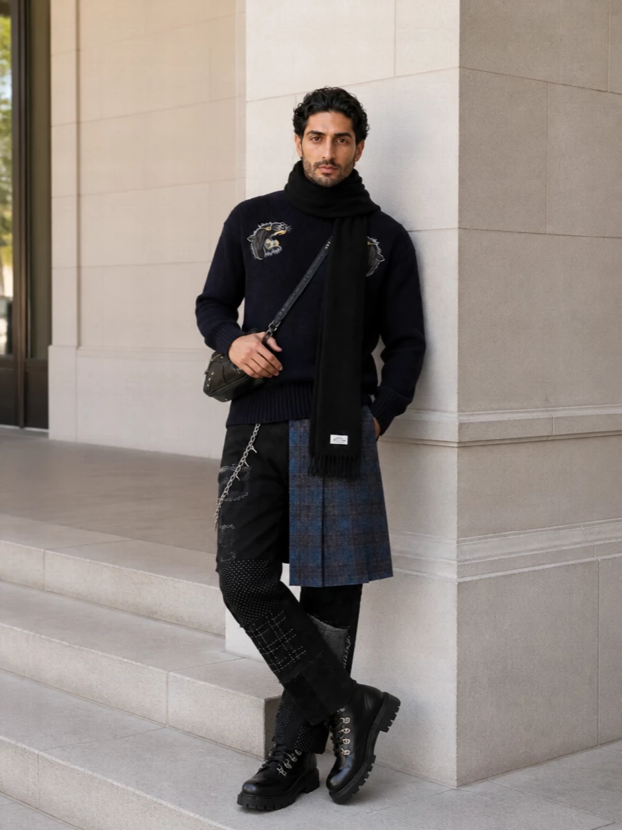 Junya watanabe kilt trouser navy knit outfit