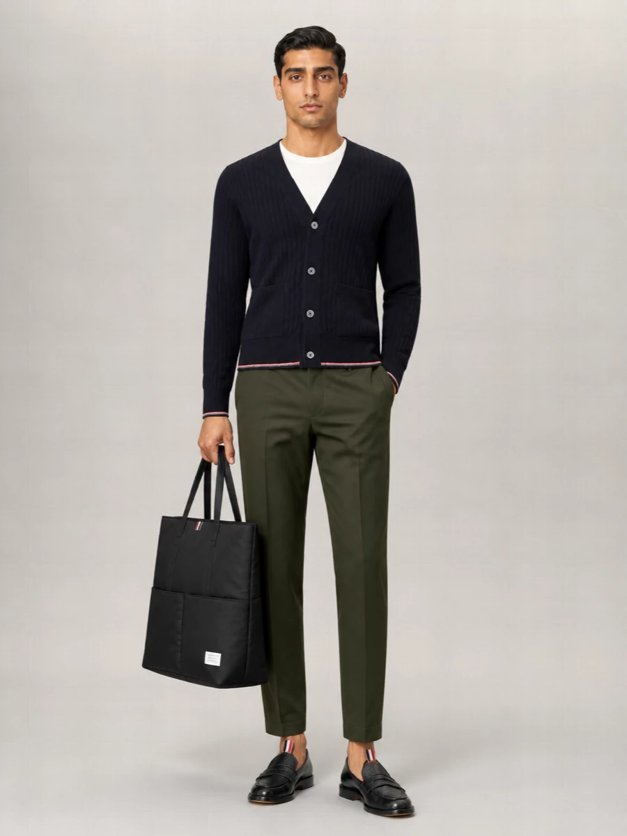 Thom Browne Ribbed Merino Wool V-Neck Cardigan