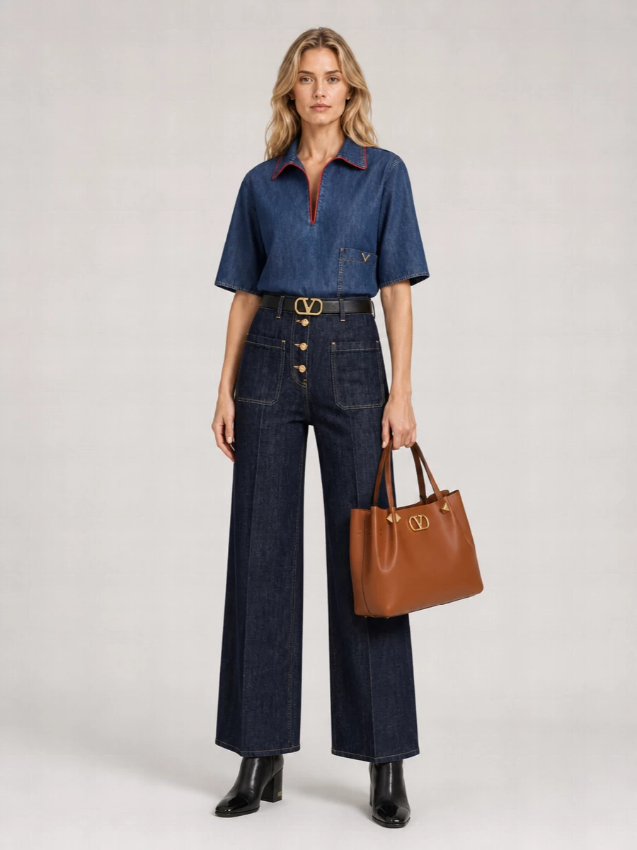 Valentino Denim V-Neck Short-Sleeve Shirt