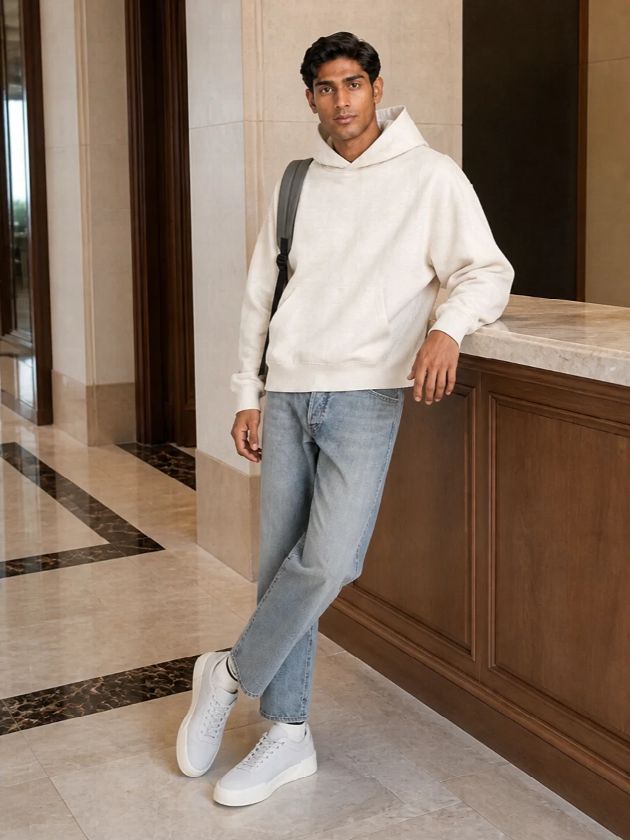 Fear of god jeans oatmeal hoodie grey sneakers