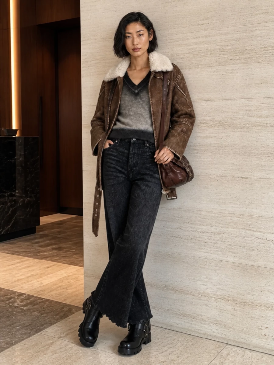 Diesel shearling coat wide leg jeans outfit
