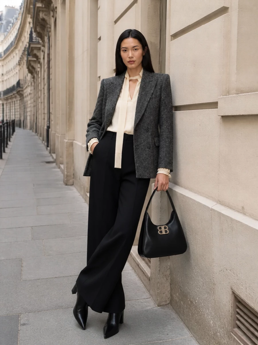 Valentino charcoal blazer wide leg trousers outfit