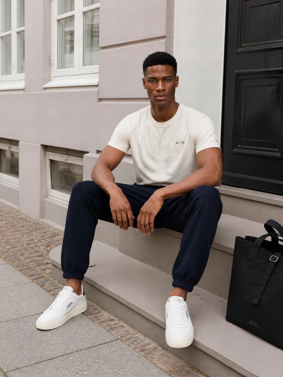 Autry mens off white tee navy joggers outfit