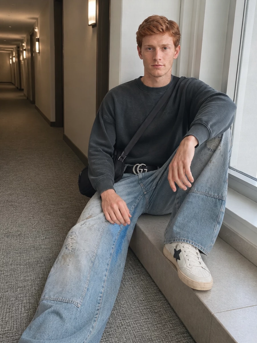 Grunge-tinged utility denim meets a washed charcoal top for a grounded, backstage-band mood. Distressed low-top sneakers pick up the scuffing in the jeans, while a technical crossbody and crisp logo belt keep the attitude deliberate and city-ready. The wide leg stays relaxed but controlled, with all the hardware and distressing talking in the same language.