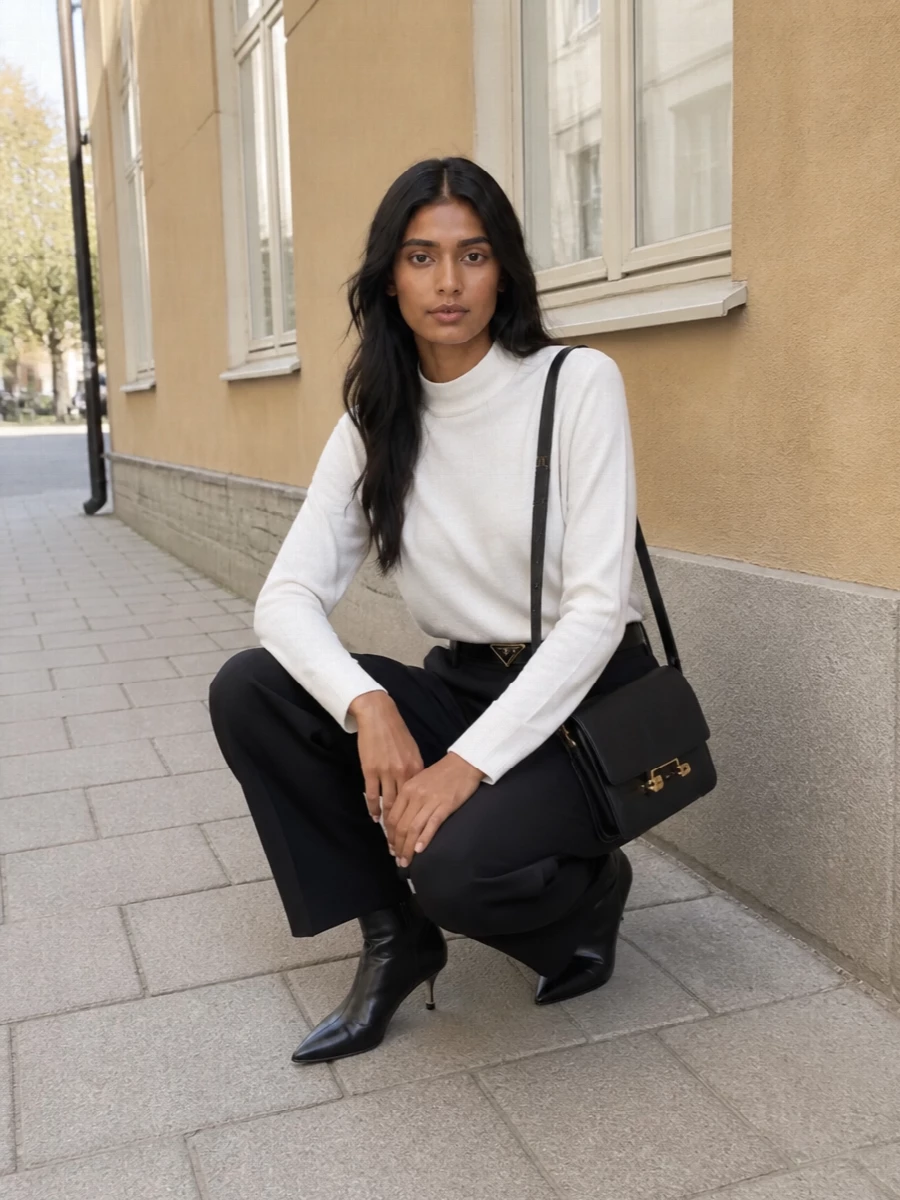 A high-rise rounded trouser meets a softly structured mock-neck blouse for a monochrome Marni take on quiet authority. The pointed ankle boots and sculptural leather shoulder bag sharpen the lines without shouting, while a slim black belt crisps the waist and keeps the volume perfectly controlled. It is a desk-to-dinner uniform that feels intelligent, modern and quietly assured in pure black and white.