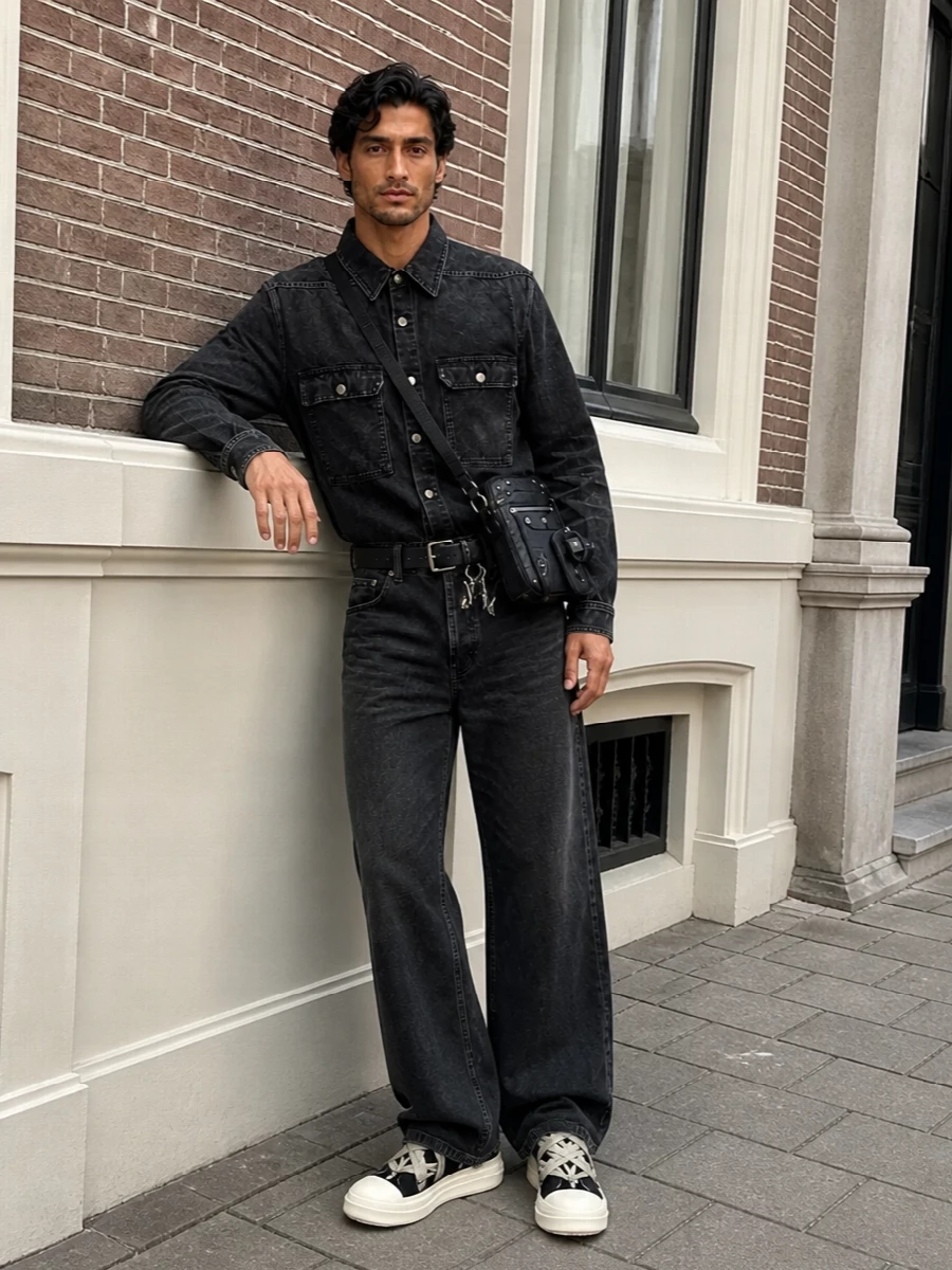 Rick owens drkshdw black denim wide leg outfit