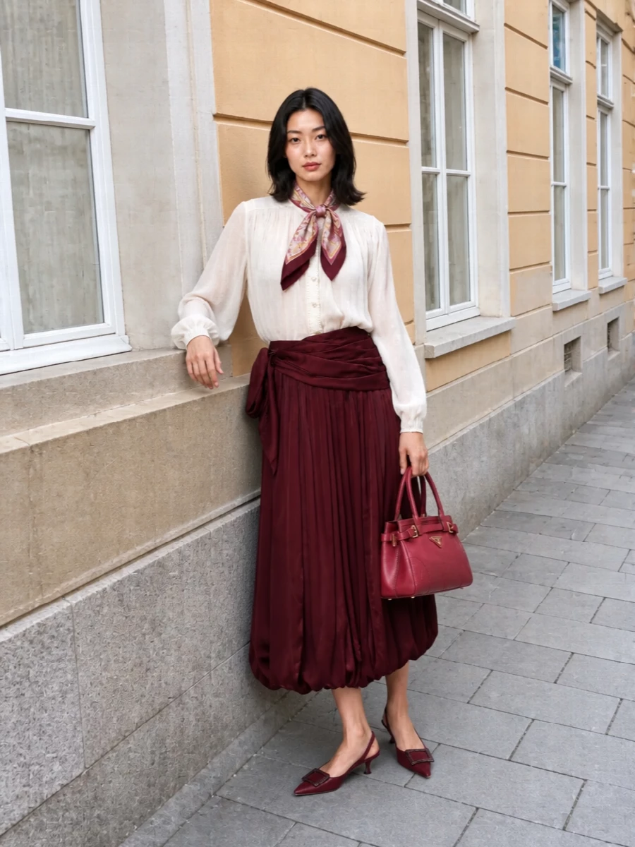 Zimmermann burgundy skirt ivory blouse outfit