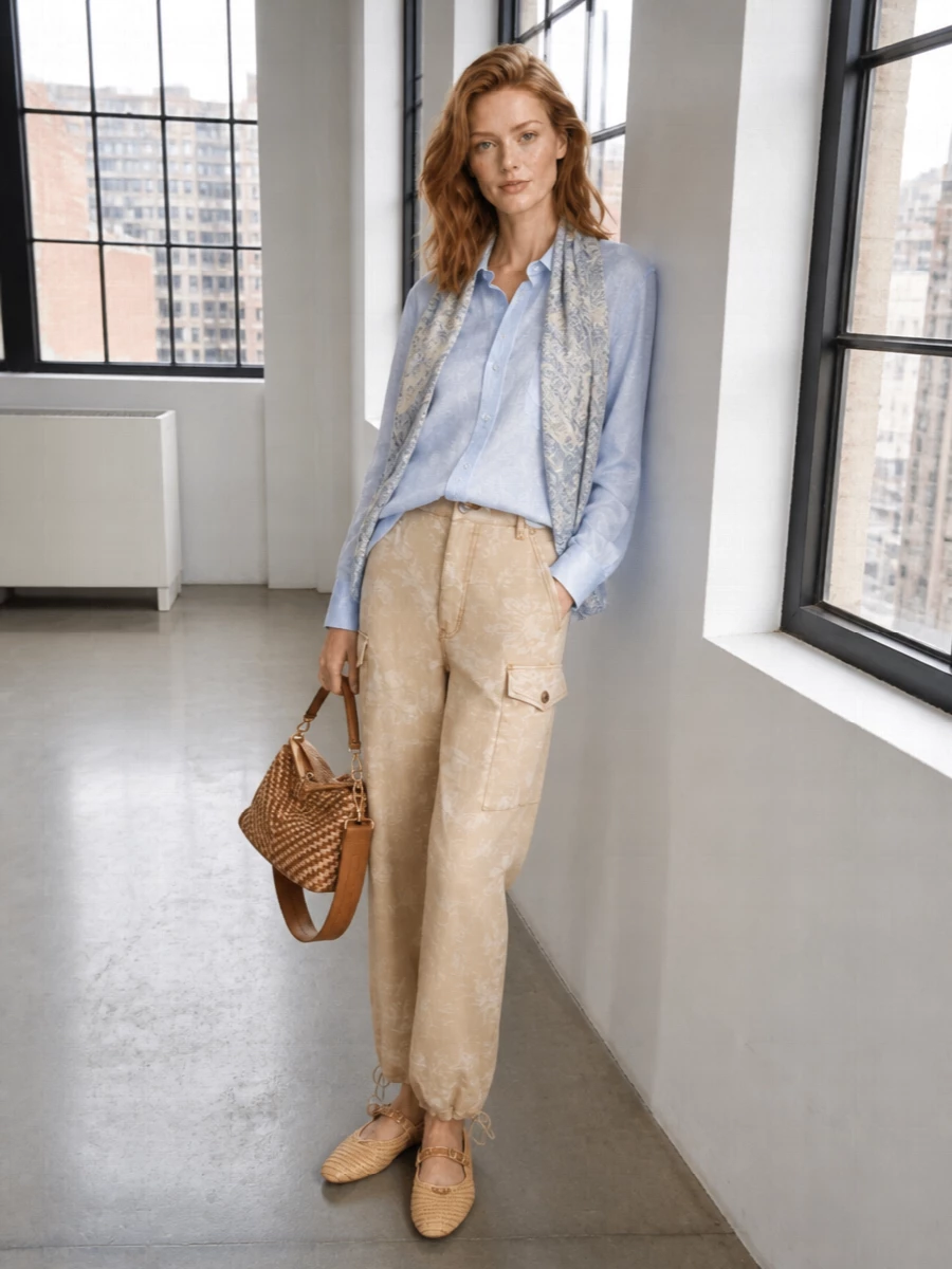Etro cargo pants pale blue shirt outfit