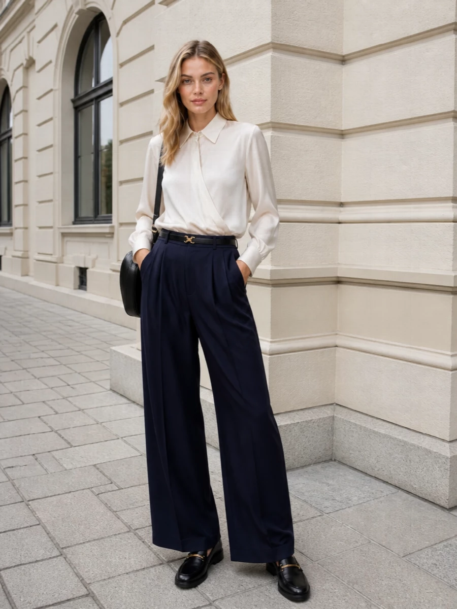 Semicouture navy wide leg trousers ivory blouse