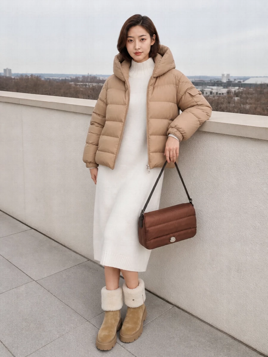 Moncler beige puffer ivory knit dress outfit