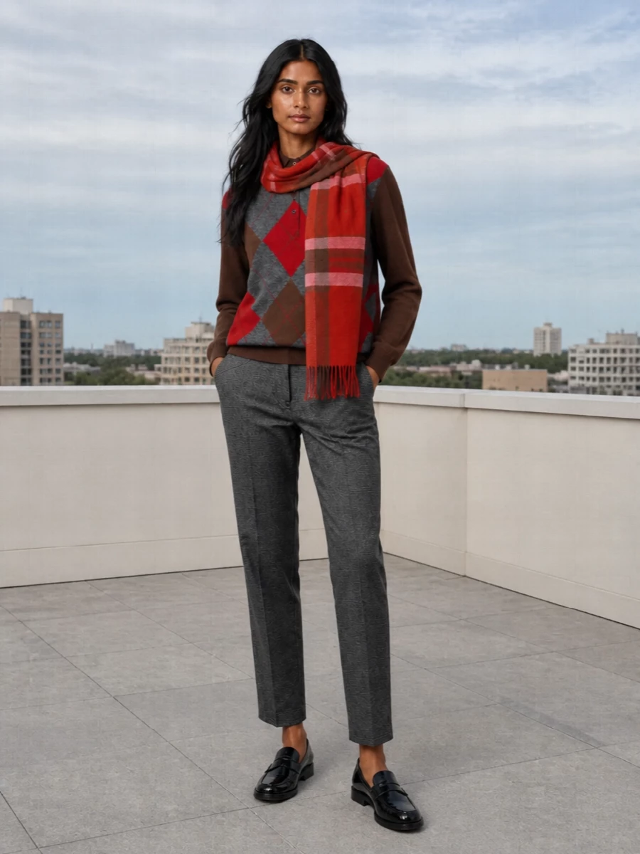 Prada argyle sweater charcoal trousers outfit