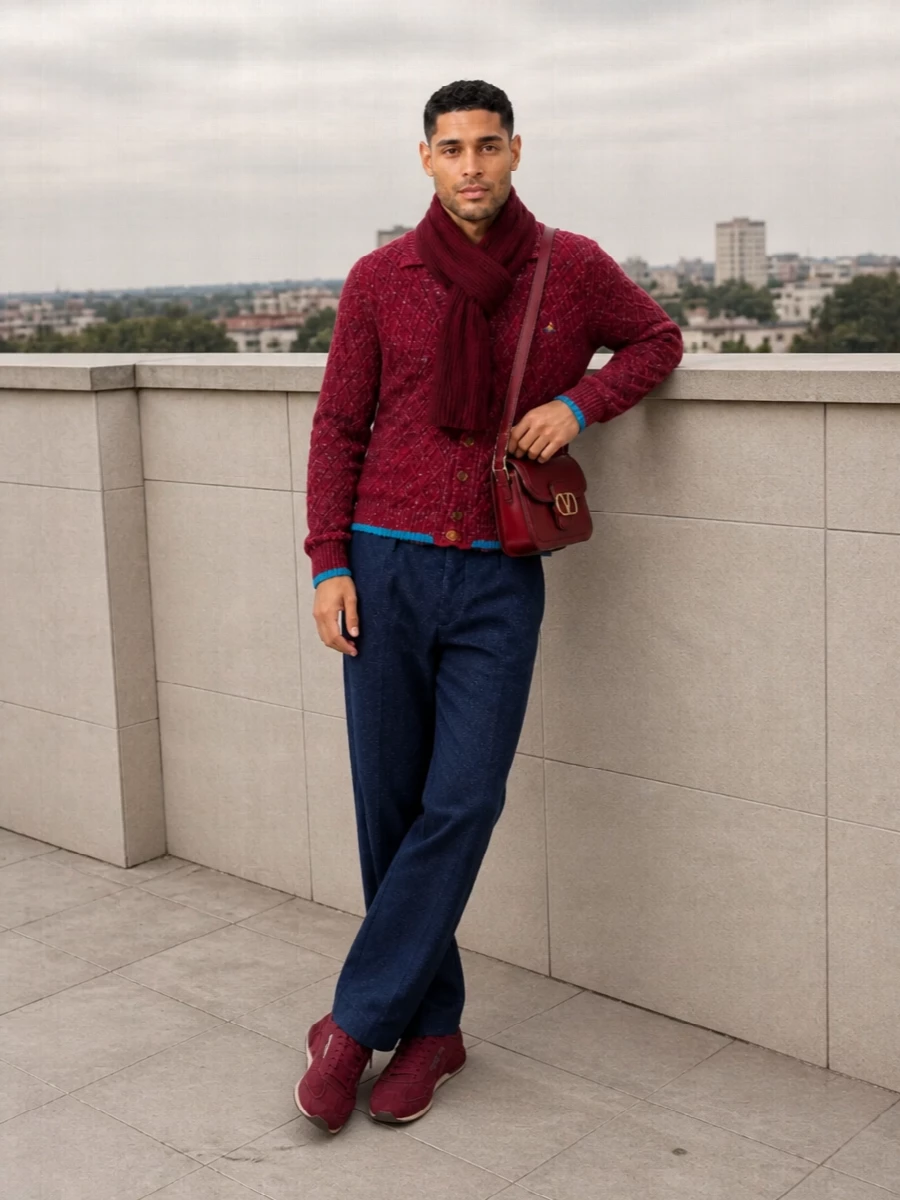 Vivienne Westwood’s wine cardigan sits over textured midnight trousers for a clean, tailored base that lets the color and collar detail speak. Deep burgundy sneakers and a structured bordeaux crossbody keep everything within one rich red family, reading deliberate rather than matchy. A tonal scarf finishes the story with warmth and cohesion, ideal for city days where you want character without sacrificing polish.