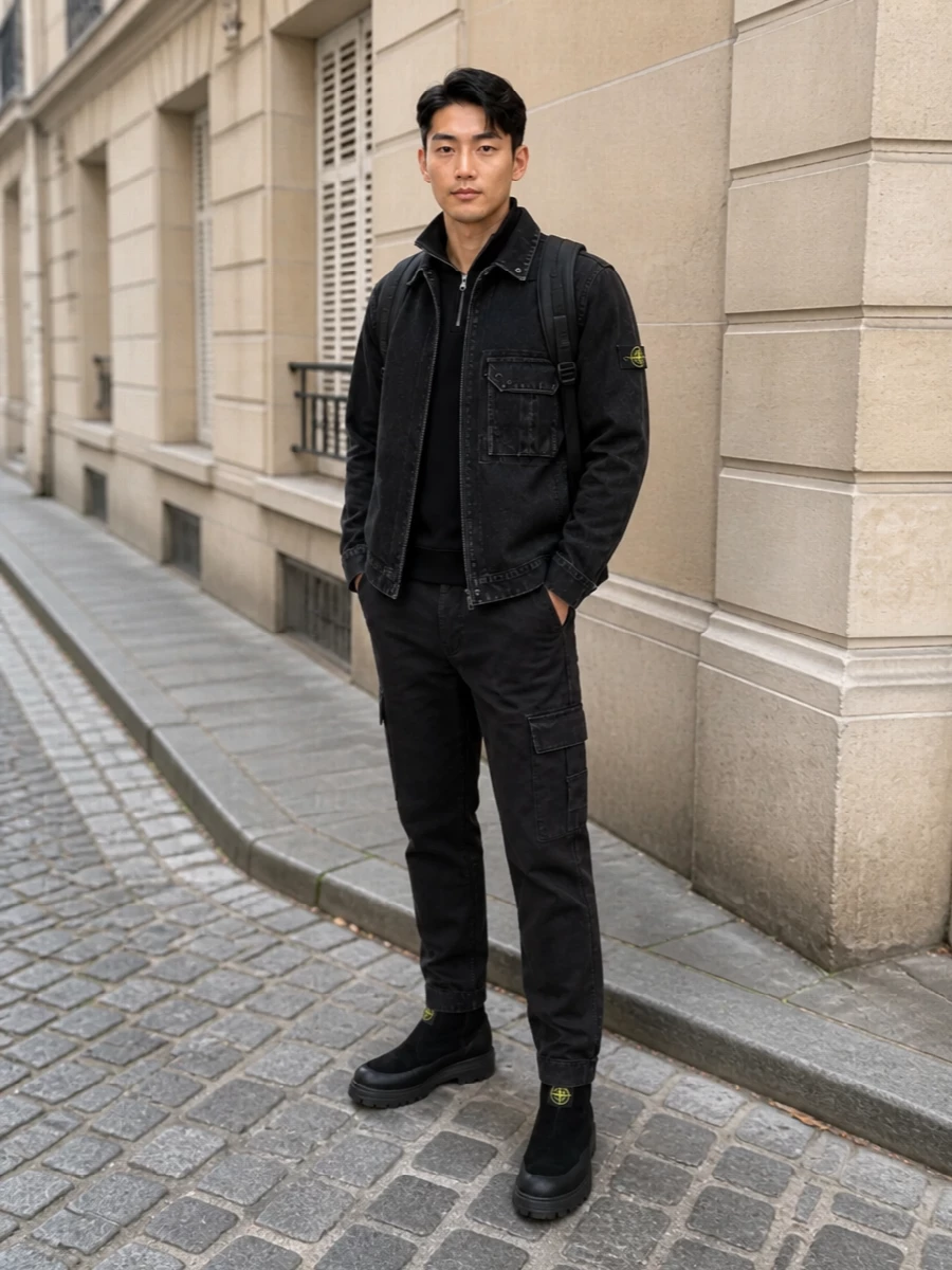 Stone island black cargo outfit suede boots