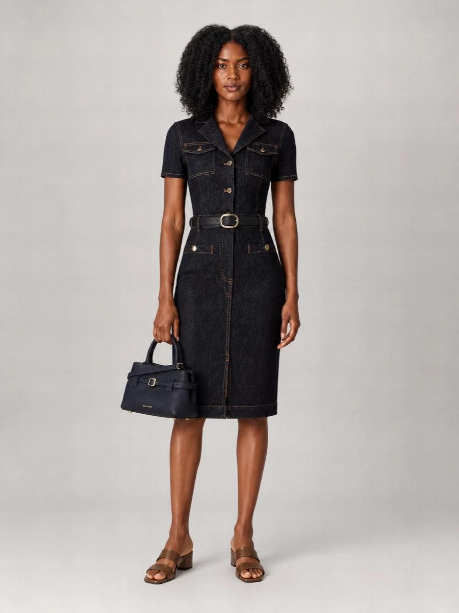 Self-Portrait Denim Belted Midi Dress