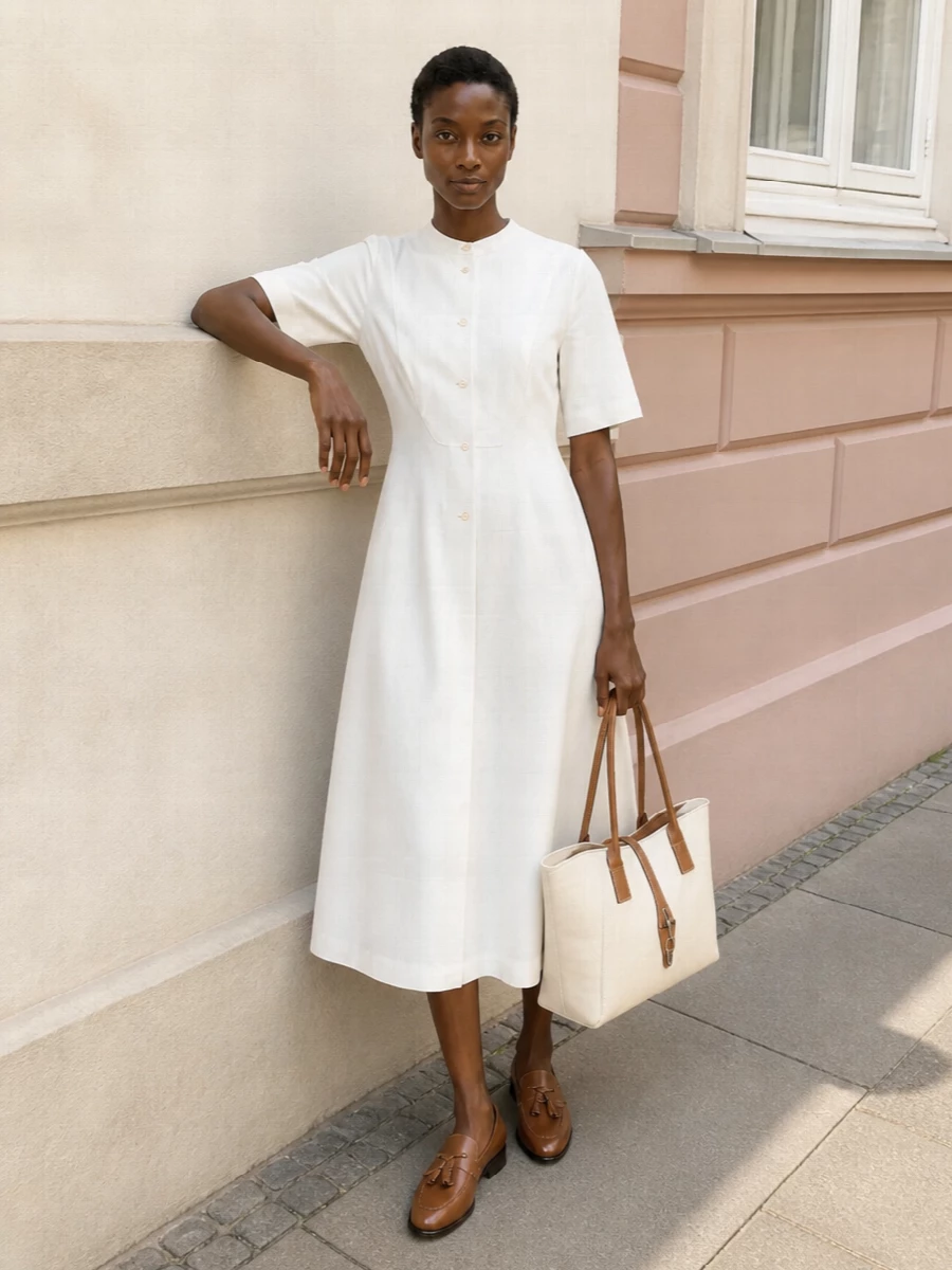 This pairing centers on the crisp Jil Sander shirt dress, whose sculpted A-line and soft white tone align with the loafer’s understated polish far better than a separate blazer-and-trouser set. The Ferragamo tassel loafers bring a collegiate, quiet-luxury edge, while the Fay tote ties the tan leather back in and keeps the mood tailored yet relaxed for long city days. The result is a clean, neutral ensemble that feels ready for client meetings, gallery visits, or smart lunches without ever feeling over-styled.