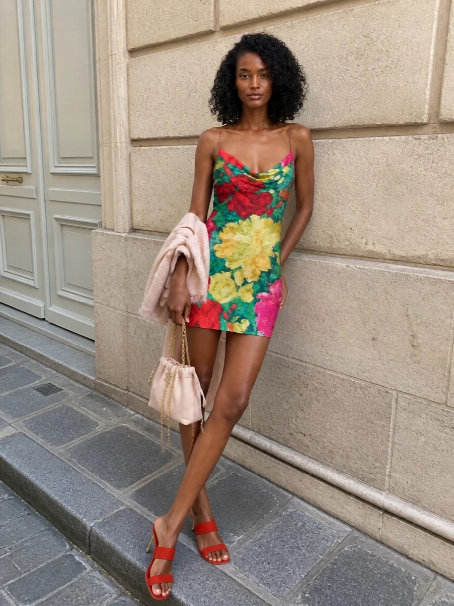 This look lets the Balmain floral slip be the star, framing its vivid reds, yellows and greens with sculptural red mules that echo the print’s warmth and add a polished, Y2K-glam finish. A blush Chloé mini pouch and soft rose wrap introduce a gentle, romantic contrast that keeps the palette luxe and feminine while allowing the dress’s painterly colours to stay front and centre. Together it feels like high-summer cocktail dressing: bold, photographed, and unmistakably couture-inflected.