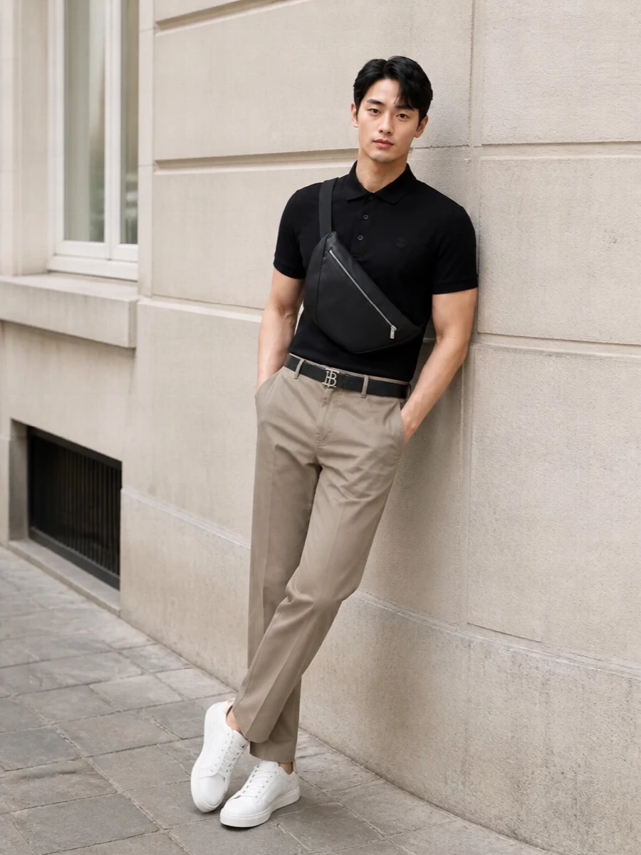 This look pairs the structured black Burberry polo with softly tailored taupe chinos for a refined, preppy take on everyday SS dressing. Crisp white leather sneakers keep it fresh and modern, while a slim TB belt and sleek black leather sling bag add quiet structure and heritage detail without disrupting the clean lines. It’s an easy uniform that moves seamlessly from smart brunch to relaxed office days with minimal effort.