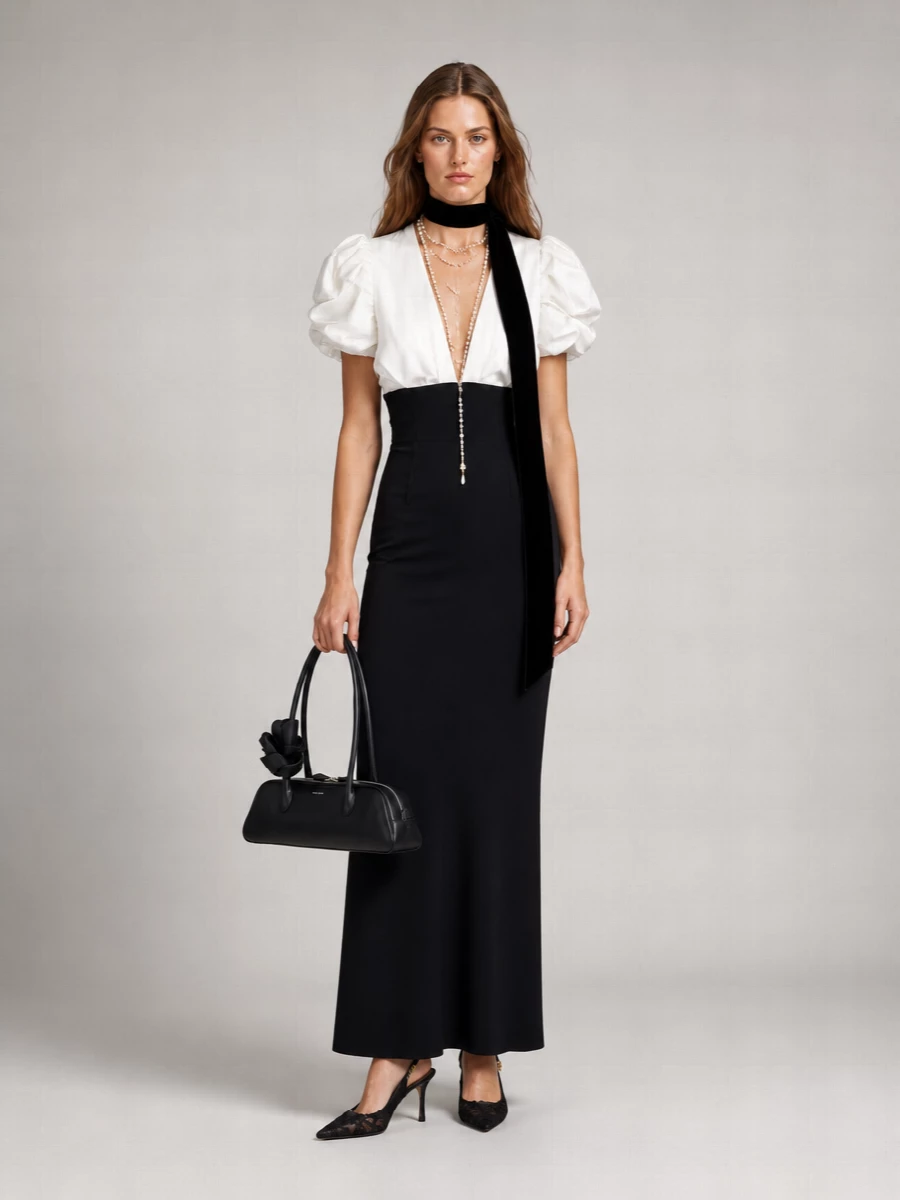 Elisabetta Franchi Long Puff-Sleeve Maxi Dress