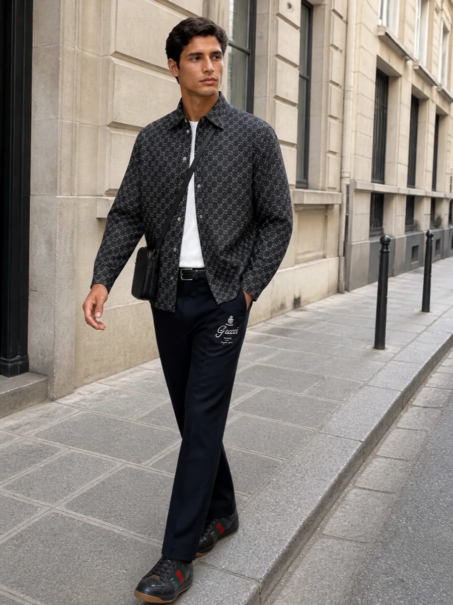 Gucci gg shirt navy trousers street outfit
