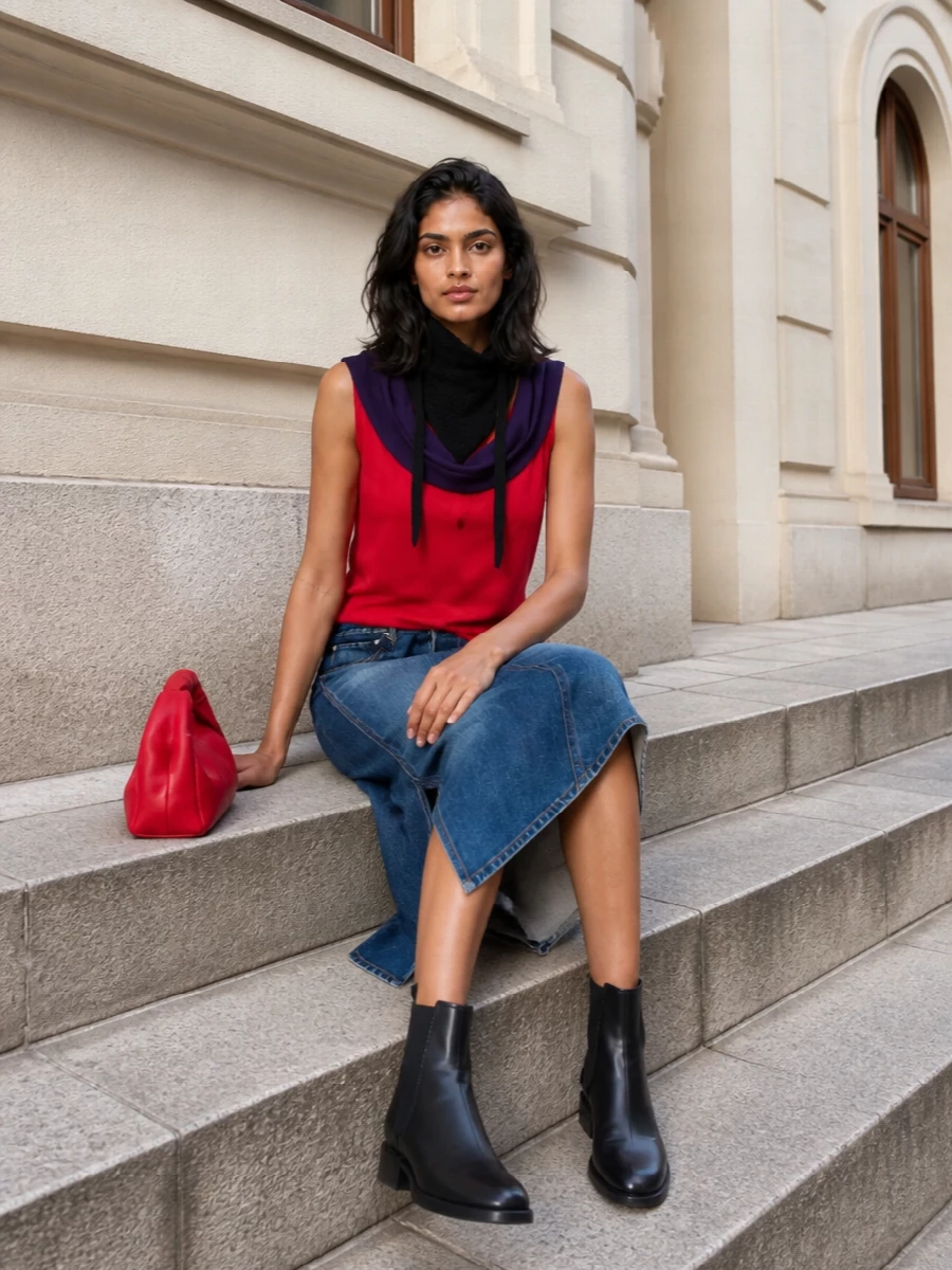 Cherry red and ink purple sit confidently on top of deconstructed blue denim, creating a sharp, street-preppy mix that still feels easy to wear. The asymmetric skirt echoes the knit’s offbeat lines, while black leather and a sculptural red bag pull the palette into something graphic and polished for city days or low-key nights.