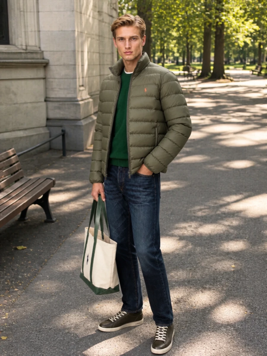 Polo ralph lauren olive puffer jeans outfit