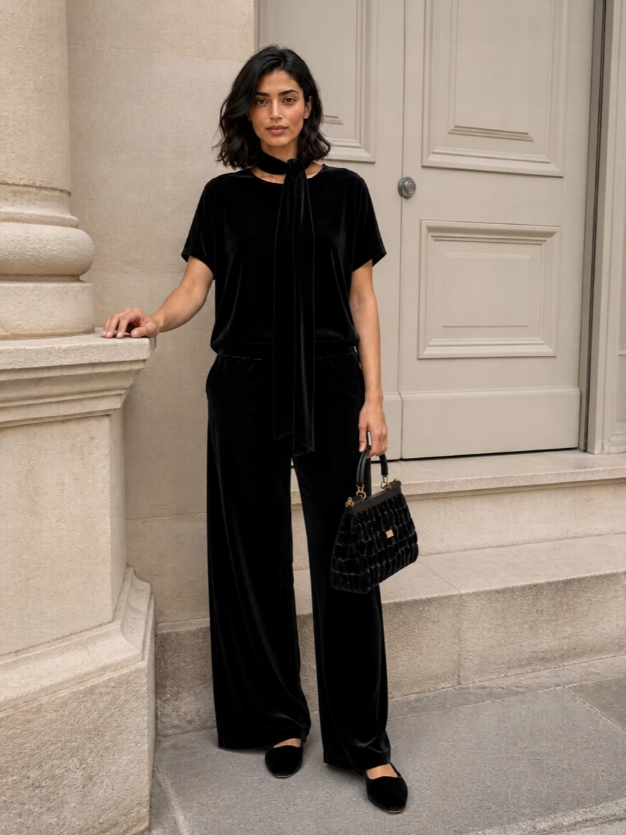Dolce gabbana black velvet wide leg trousers outfit