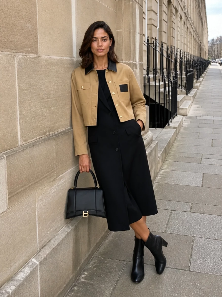 Balenciaga camel cropped jacket black midi dress