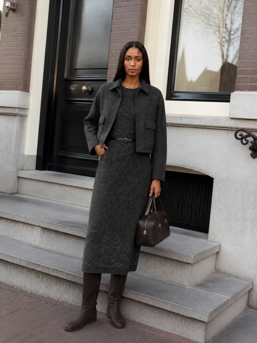 Brunello cucinelli charcoal coat knit maxi dress