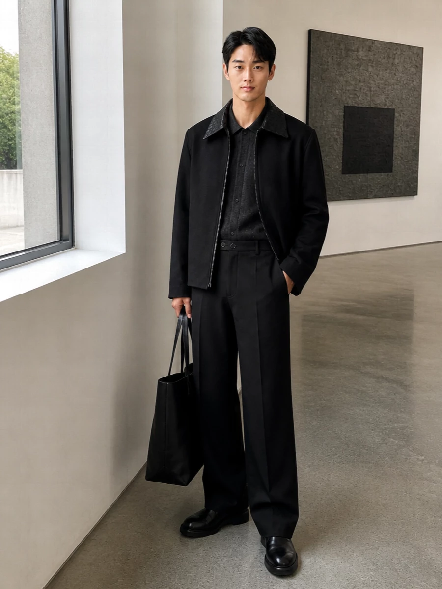 Deep-black tailoring with a wide Jil Sander trouser and Bottega’s woven-collar jacket creates a calm, architectural column, softened by the charcoal Jacquemus knit. Jil Sander Chelseas and a structured Saint Laurent tote keep everything quietly directional and city ready. It is a minimal, high tier combination that moves easily from office days to precise evening plans without changing a piece.