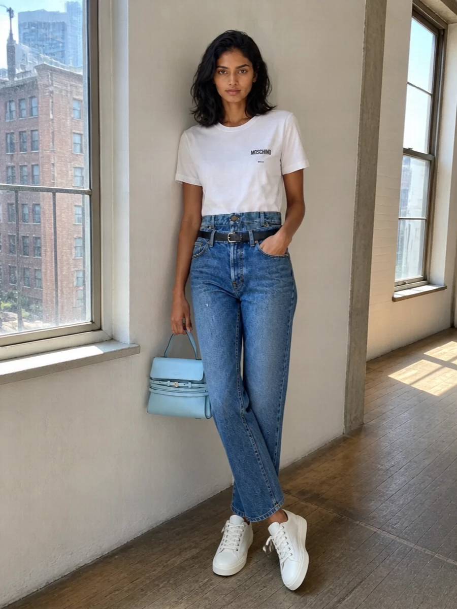 Moschino denim print tee straight jeans outfit