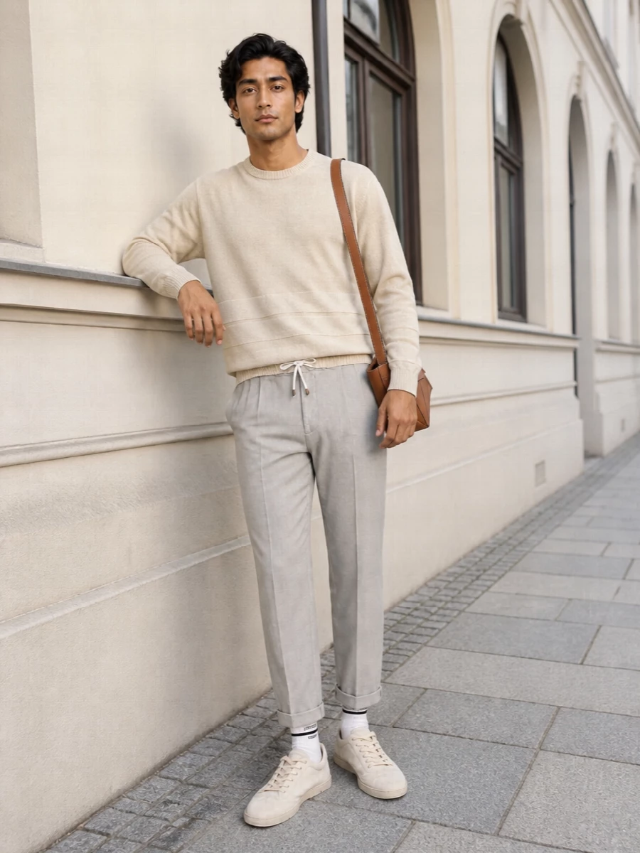 Soft butter tones and stone-grey tailoring create a calm, tonal base that feels polished but relaxed. The drawstring trouser and suede sneaker keep the mood athletic yet refined, while the structured tan shoulder bag adds a precise, modern contrast. It is an easy city uniform for bright days when you want comfort, clarity and quiet confidence in equal measure.