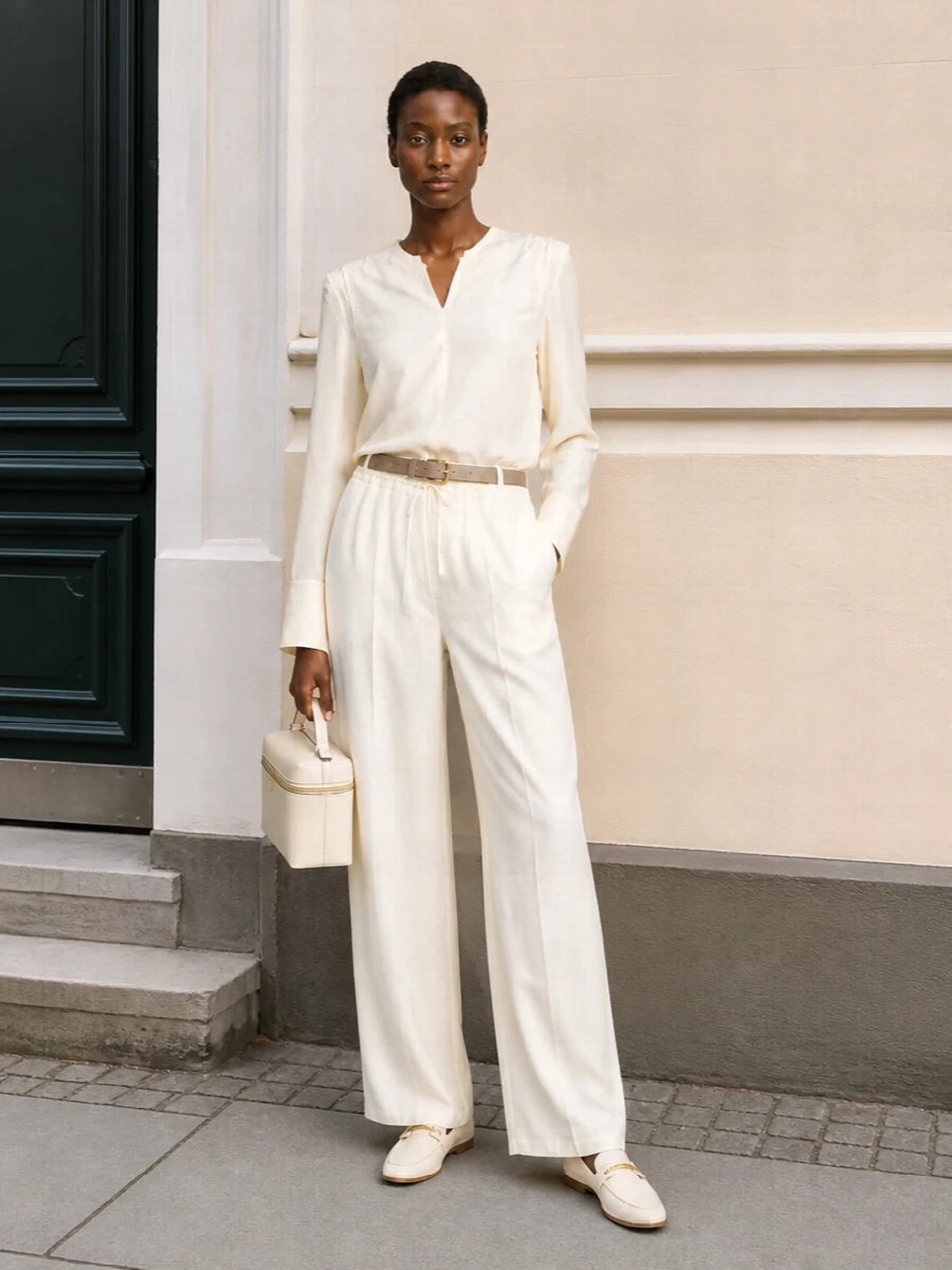 Victoria beckham ivory wide leg trousers outfit