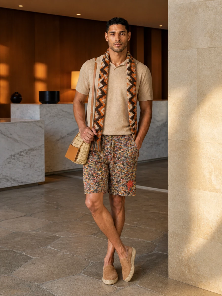 A sun-washed knit short meets a clean sand polo for a coastal outfit that feels considered but easy. Camel espadrilles and a tan-trimmed crochet bag keep the palette warm and grounded while playing up the artisanal textures. The slim chevron scarf ties the oranges and neutrals together, adding a quietly graphic bohemian accent around the neck or tied to the bag strap.