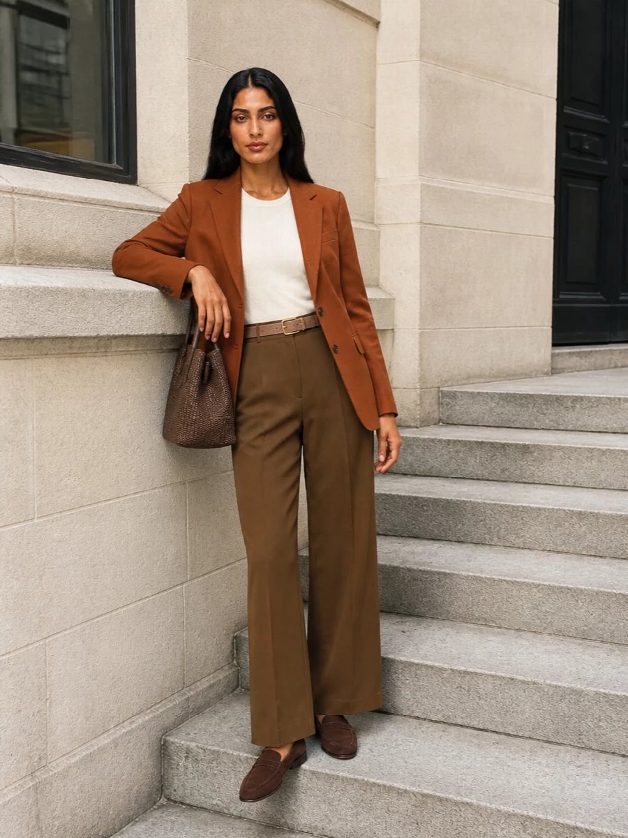 Tagliatore blazer camel wide leg trousers outfit