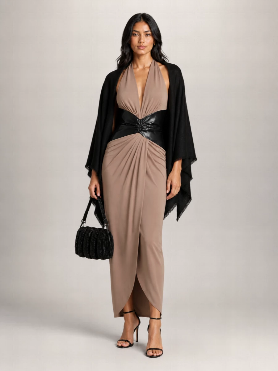 The Andamane Vegan Leather Detailed Maxi Dress