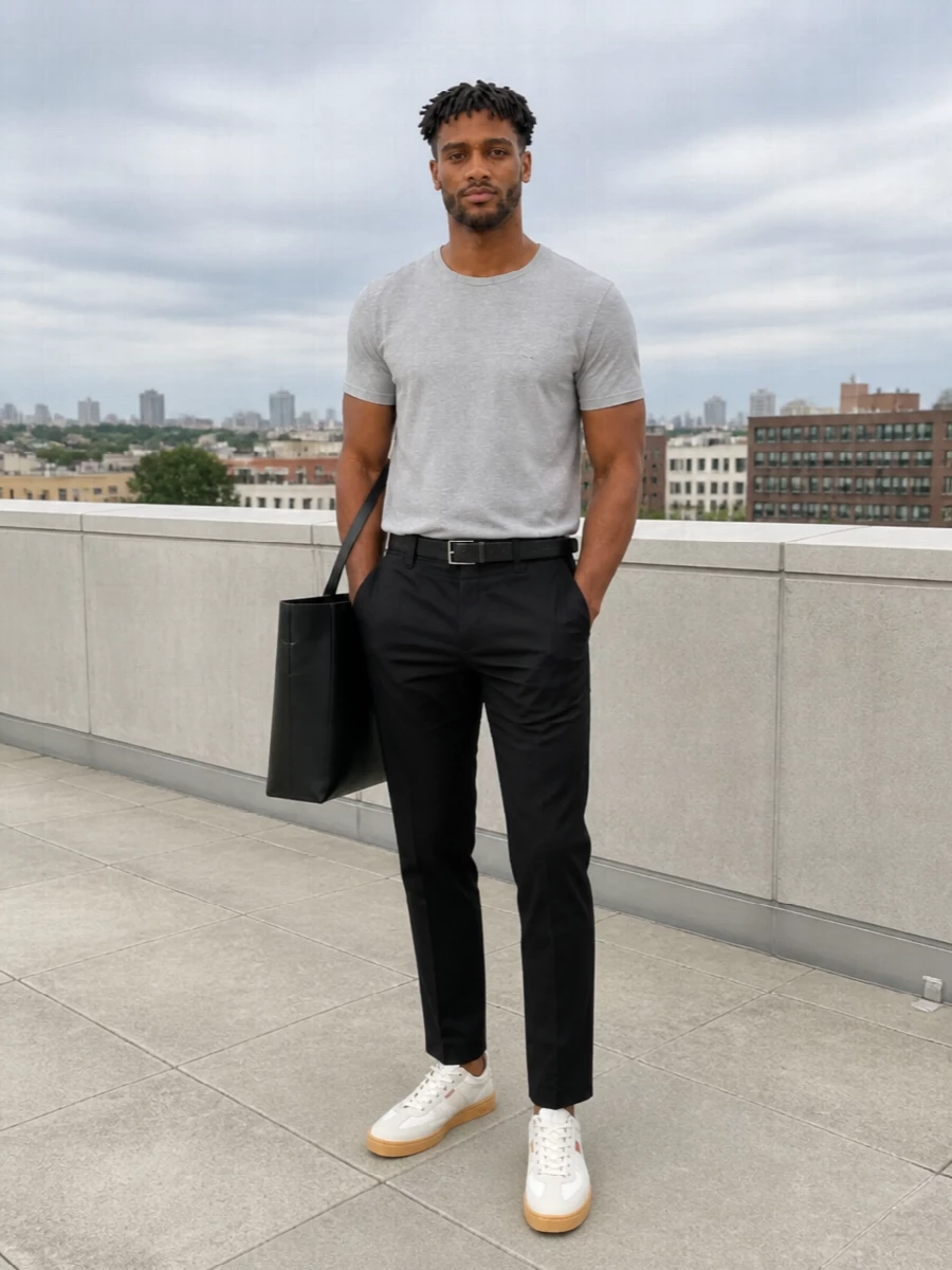A heather grey Paul Smith tee is sharpened with clean black straight‑leg trousers for a quietly precise, everyday uniform. Off‑white gum‑sole sneakers keep the palette soft, while the structured black leather tote leans it toward the office without losing ease. The slim black belt finishes the line, keeping everything aligned and unfussy.