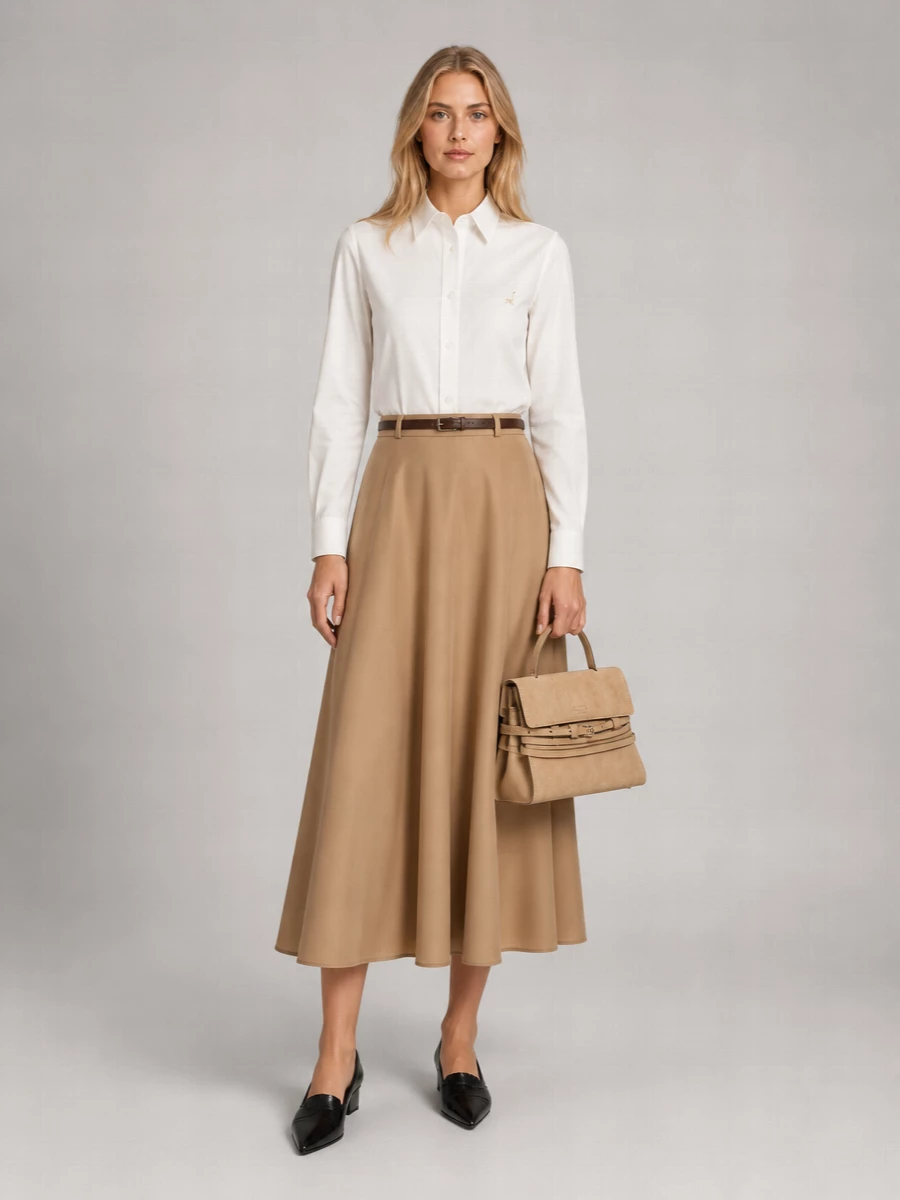 A camel midi skirt meets a sharp ivory shirt for a quietly polished take on modern preppy. Pointed black loafers and a sand-toned top-handle bag keep the palette refined, while a slim dark chocolate belt defines the waist without fuss. It is a calm, neutral outfit that moves easily from desk to relaxed dinners.
