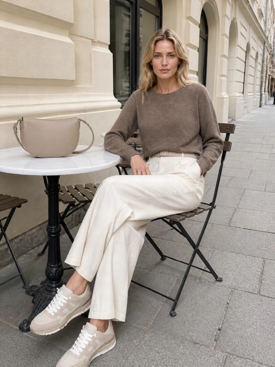 A study in soft neutrals, this pairing of cream wide-leg trousers with a mink-brown knit feels calm and quietly refined. Chunky-sole cream sneakers keep it grounded and modern, while a curved taupe shoulder bag and slim suede belt tie the palette together for relaxed city days that still read considered.