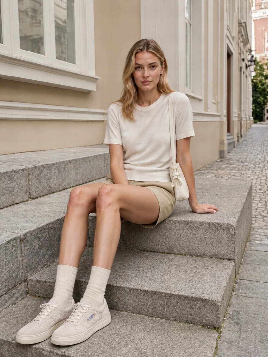 Soft white and light beige sit together in a clean, neutral palette that feels calm, modern and quietly confident. The semi-sheer knit and tailored short balance ease with structure, while the refined sneakers, cream socks and sculptural ivory shoulder bag keep the mood polished but relaxed for warm city days.