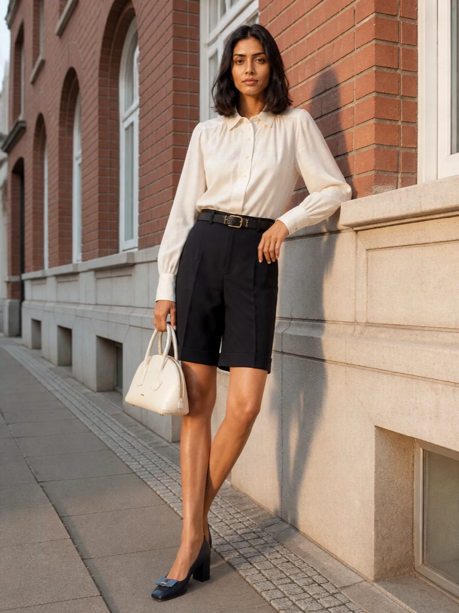 Patou navy tailored shorts ivory blouse outfit