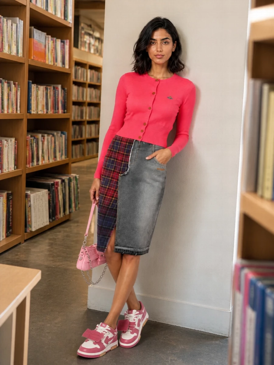 Vivienne Westwood’s neon coral cardigan clashes in the best way with Off-White’s deconstructed tartan-and-denim skirt, creating a sharp street-preppy mix that still feels considered. Raspberry Off-White sneakers and a bubblegum Balenciaga mini bag double down on the pink story, so the whole outfit reads like a confident, city-ready color play rather than a mismatch.