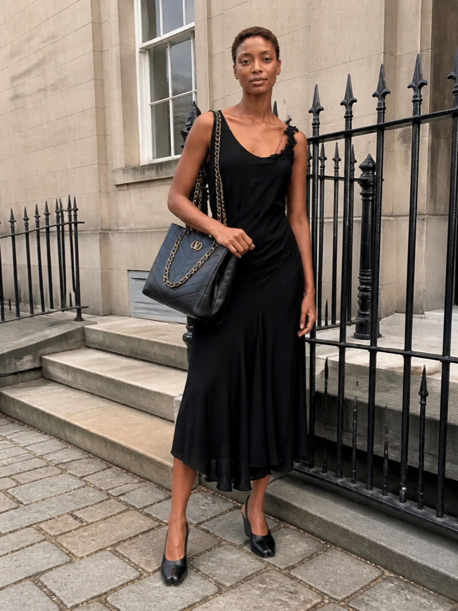 I’m anchoring everything with the Victoria Beckham asymmetric black midi so the Valentino tote reads as the key structured element against a clean, fluid backdrop. The Margiela wedge slingbacks keep the line long and modern, adding height and architectural interest without competing with the tote’s bold gold chain. This is a quietly commanding city ensemble for dinners or gallery nights where you want polish that feels minimal, not shouty.
