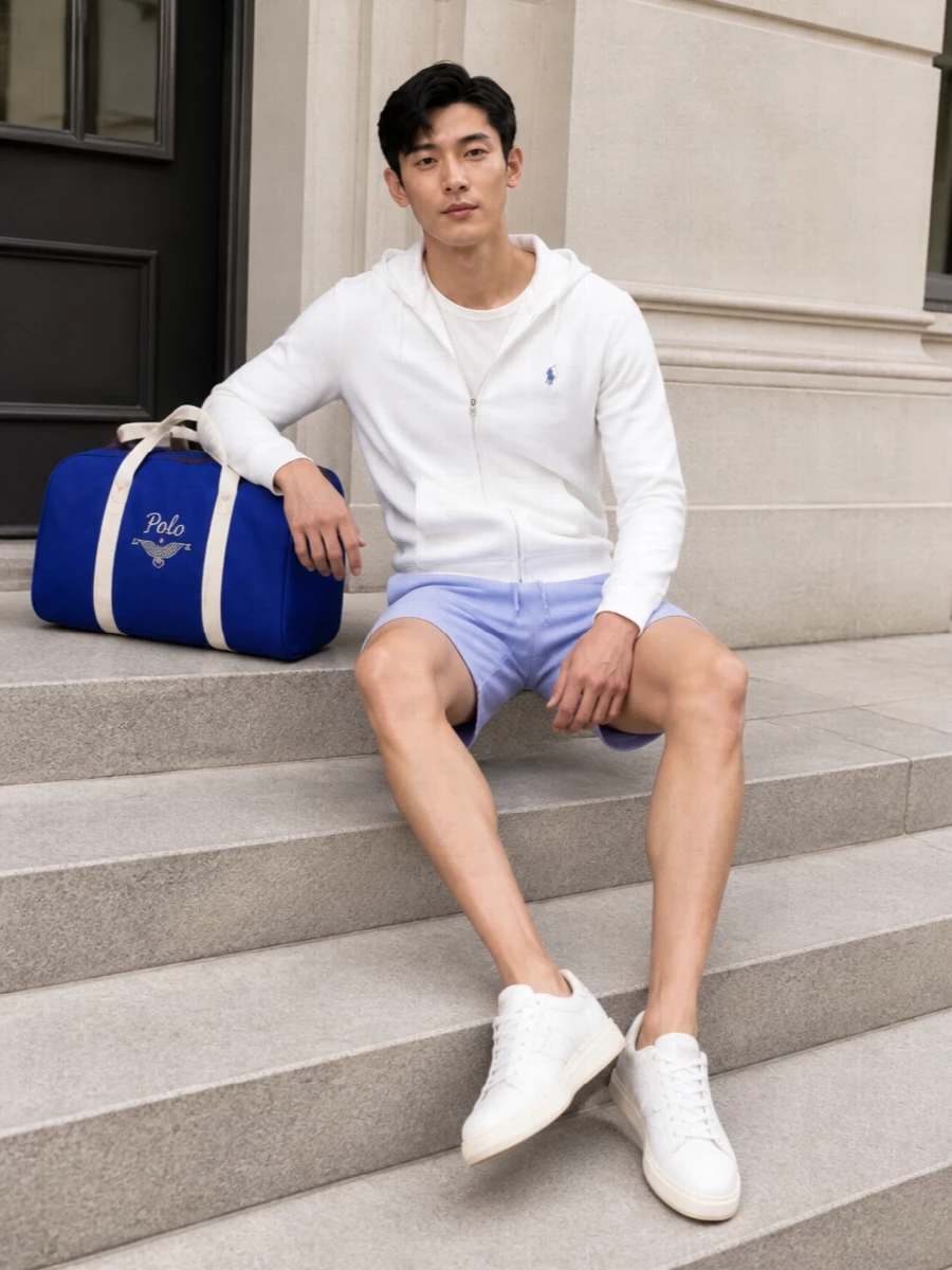 Polo ralph lauren white hoodie pastel shorts outfit